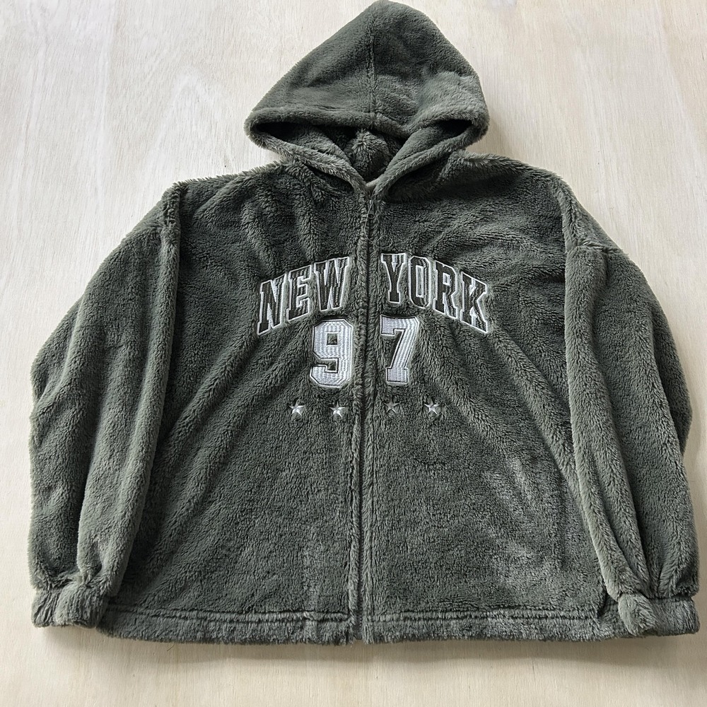 New York 97 Hoodie Womens Large Green Fleece Full Zip Embroidered Sweatshirt